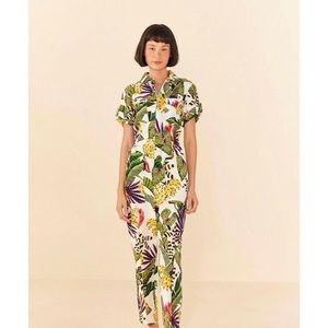 Farm Rio Forest Leaves Denim Jumpsuit